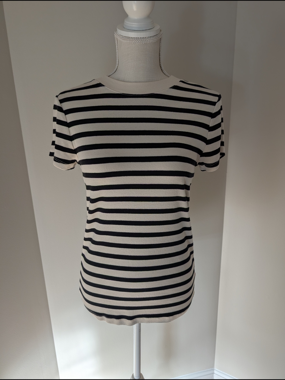Striped Short-Sleeve Crewneck Top in Black and Cream
